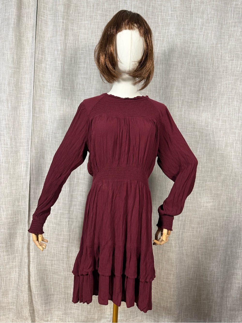 Women's Burgundy Long-Sleeve Tiered Dress